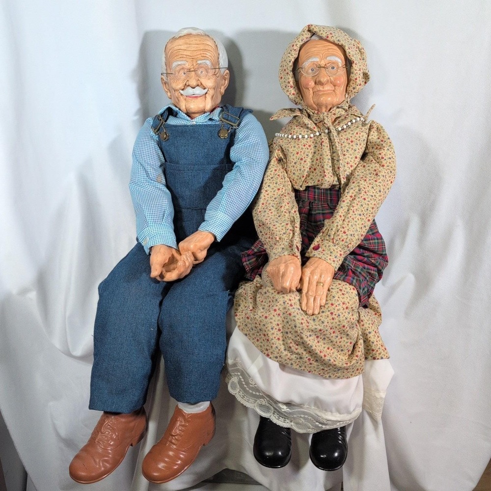 Set Vintage 32" William Wallace Jr Grandma & Grandpa Overalls Porcelain Doll